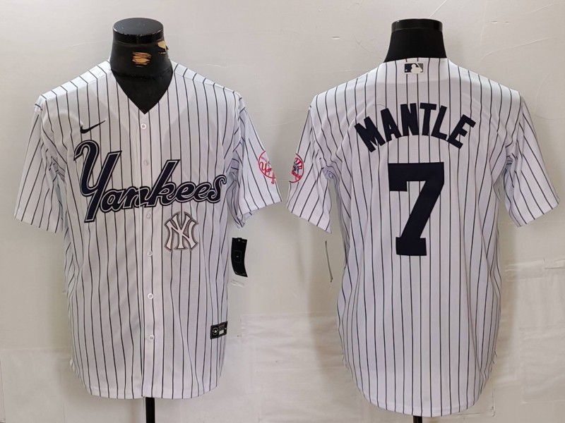 Men New York Yankees #7 Mantle White stripe Three generations of joint names Nike 2024 MLB Jersey style 4->new york yankees->MLB Jersey